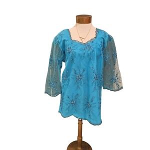 Vintage 70s Handmade Turquoise Blue Sequin Floral Mini Dress Mesh Sleeve Shift